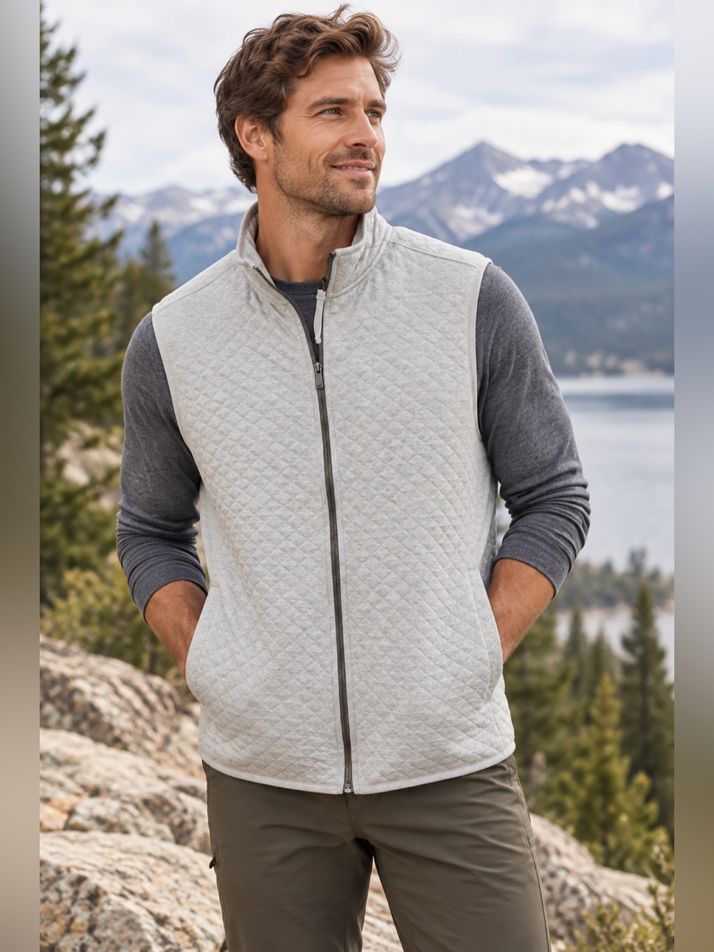 Rhone Grey Quilted Full Zip Vest Men's Large